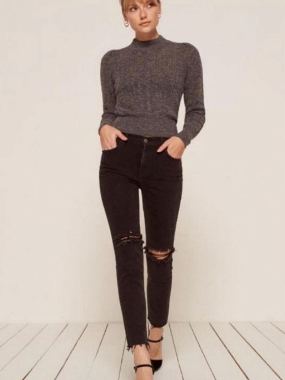 Reformation Camille Skinny Jeans in Black High Rise Distressed Knee Size 26 - Picture 2 of 9
